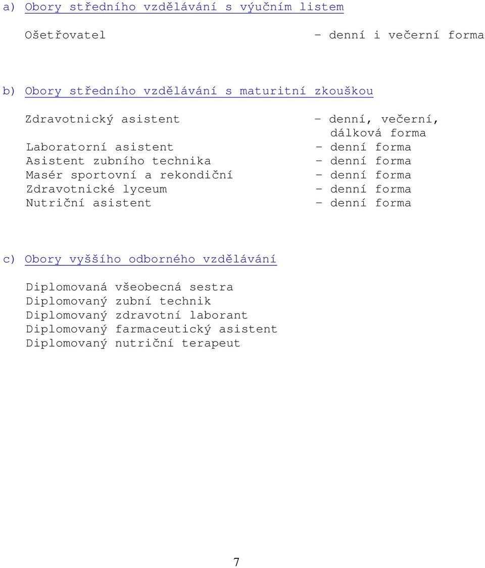 denní, večerní, dálková forma - denní forma - denní forma - denní forma - denní forma - denní forma c) Obory vyššího odborného vzdělávání