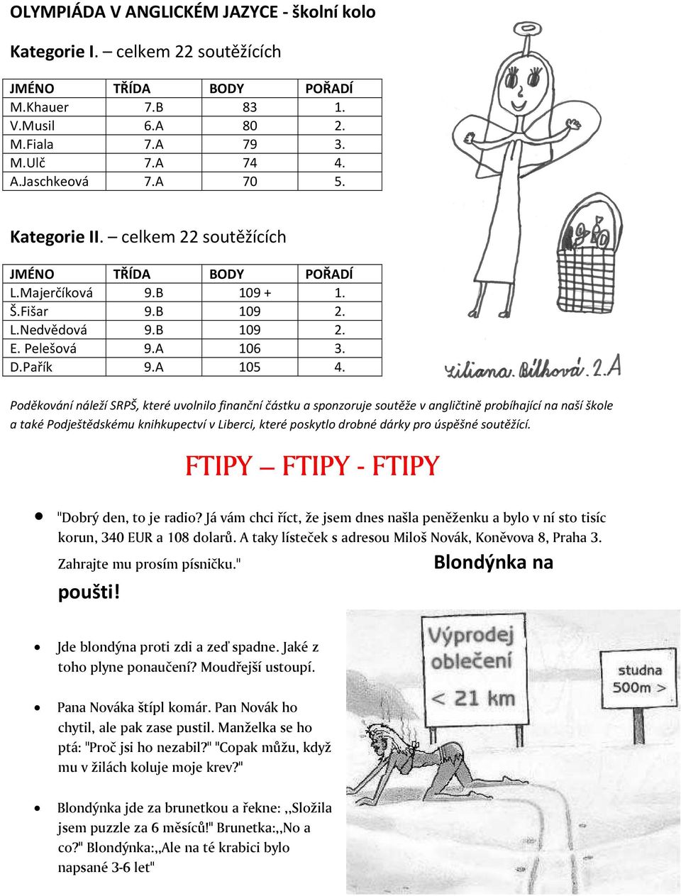 Poděkování náleží SRPŠ, které uvolnilo finanční částku a sponzoruje soutěže v angličtině probíhající na naší škole a také Podještědskému knihkupectví v Liberci, které poskytlo drobné dárky pro