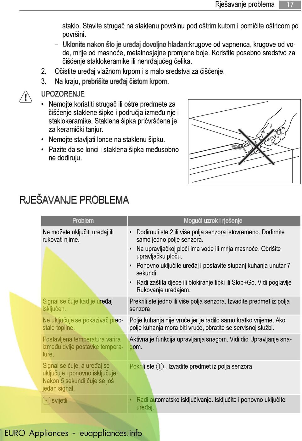 Koristite posebno sredstvo za čišćenje staklokeramike ili nehrđajućeg čelika. Očistite uređaj vlažnom krpom i s malo sredstva za čišćenje. Na kraju, prebrišite uređaj čistom krpom.