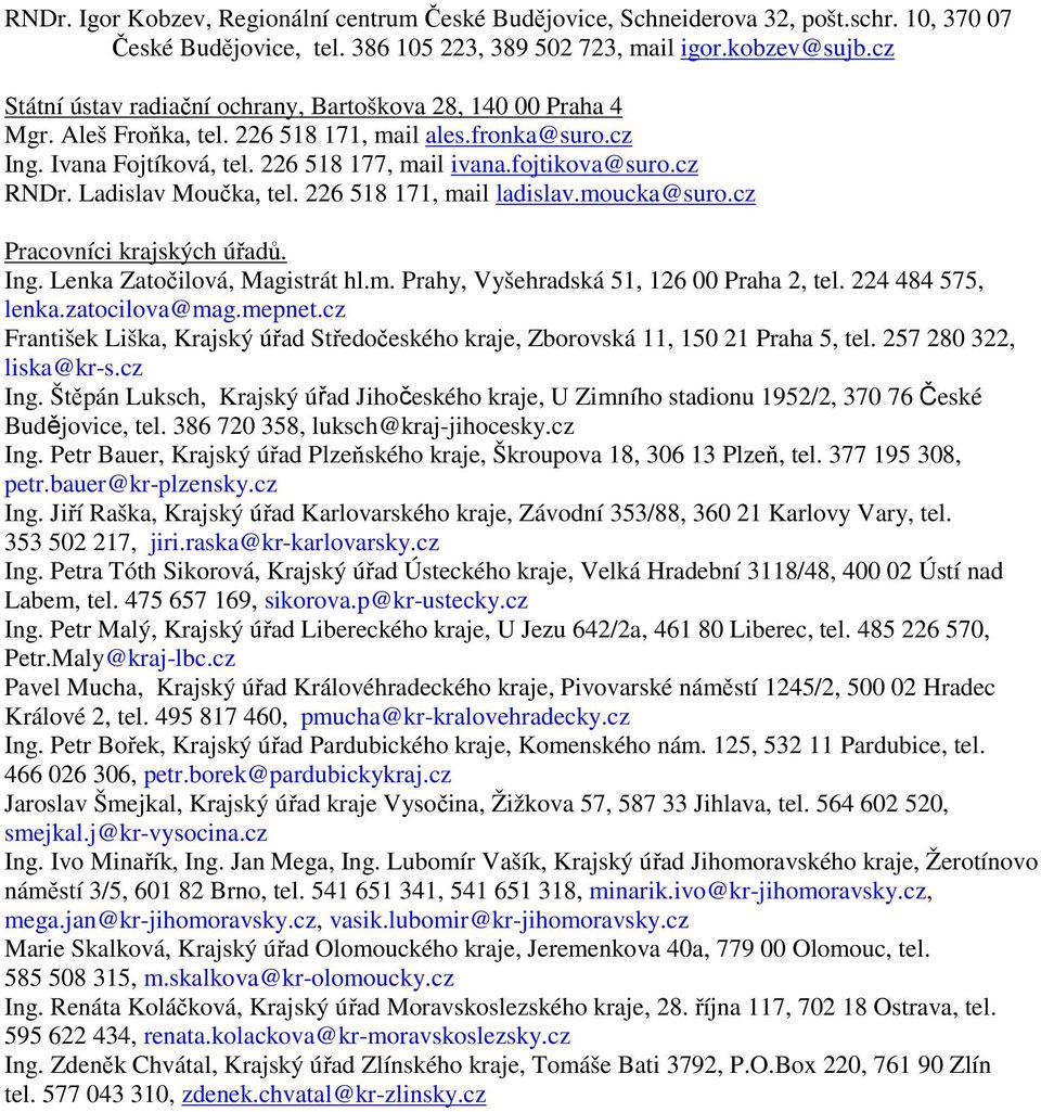 Ladislav Moučka, tel. 226 518 171, mail ladislav.moucka@suro.cz Pracovníci krajských úřadů. Ing. Lenka Zatočilová, Magistrát hl.m. Prahy, Vyšehradská 51, 126 00 Praha 2, tel. 224 484 575, lenka.