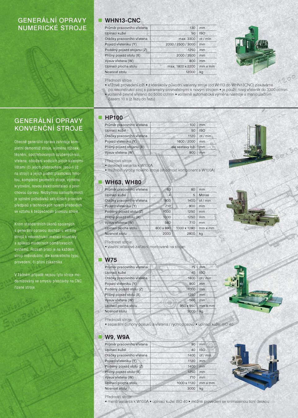 1800 x 2200 mm x mm Nosnost stolu 12000 kg křížové provedení loží z kterékoliv původní varianty stroje (od WH13 do WHN13CNC) získáváme po rekonstrukci stroj s parametry srovnatelnými s novým strojem