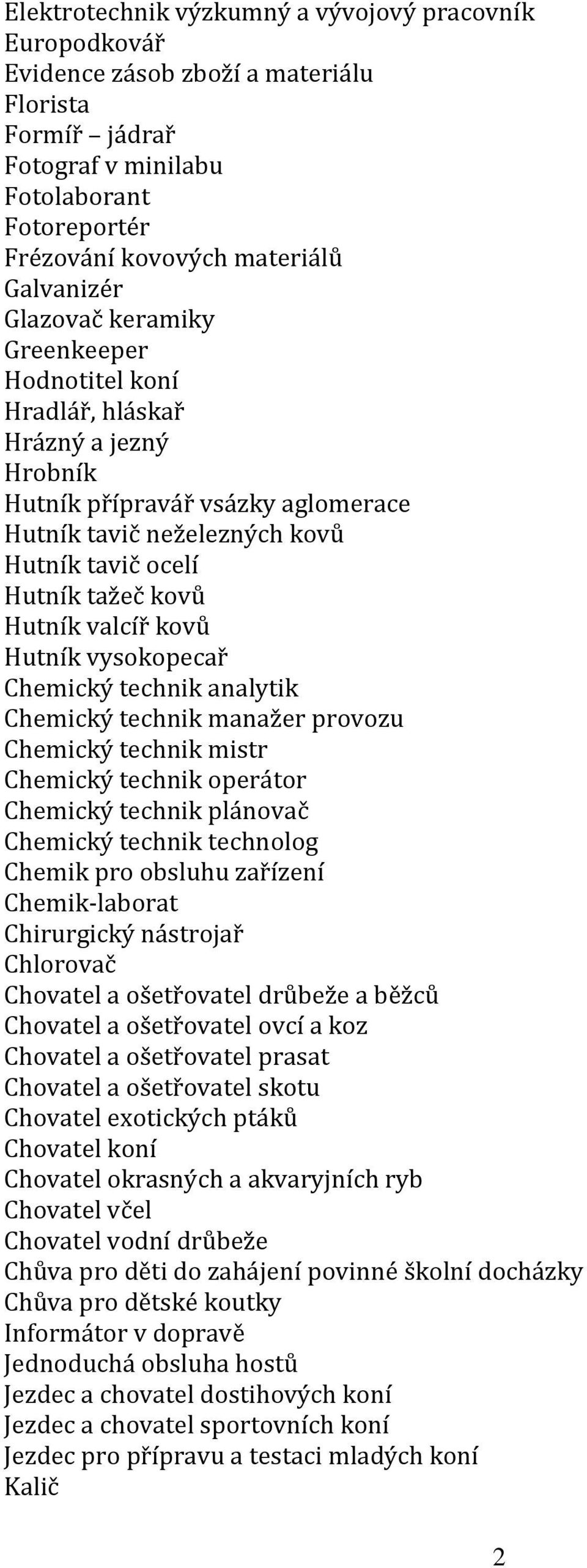 valcíř kovů Hutník vysokopecař Chemický technik analytik Chemický technik manažer provozu Chemický technik mistr Chemický technik operátor Chemický technik plánovač Chemický technik technolog Chemik