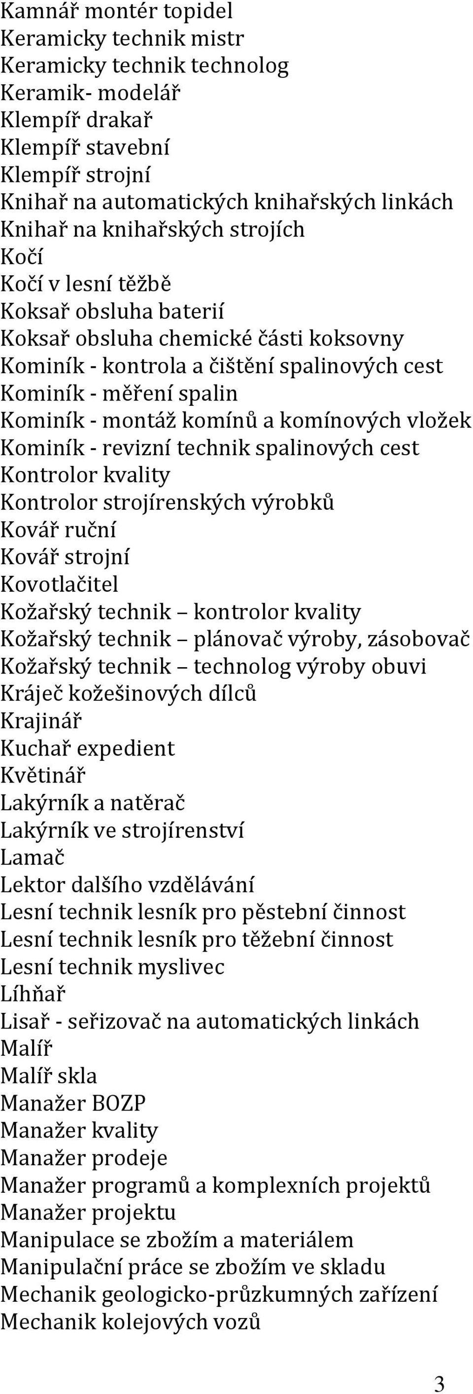 komínů a komínových vložek Kominík - revizní technik spalinových cest Kontrolor kvality Kontrolor strojírenských výrobků Kovář ruční Kovář strojní Kovotlačitel Kožařský technik kontrolor kvality