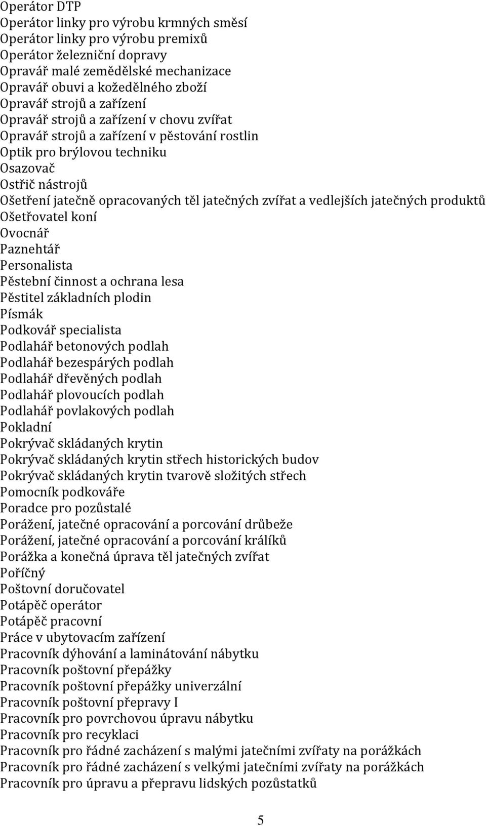 zvířat a vedlejších jatečných produktů Ošetřovatel koní Ovocnář Paznehtář Personalista Pěstební činnost a ochrana lesa Pěstitel základních plodin Písmák Podkovář specialista Podlahář betonových