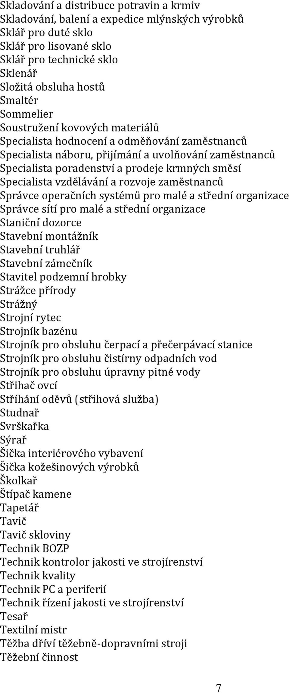 Specialista vzdělávání a rozvoje zaměstnanců Správce operačních systémů pro malé a střední organizace Správce sítí pro malé a střední organizace Staniční dozorce Stavební montážník Stavební truhlář