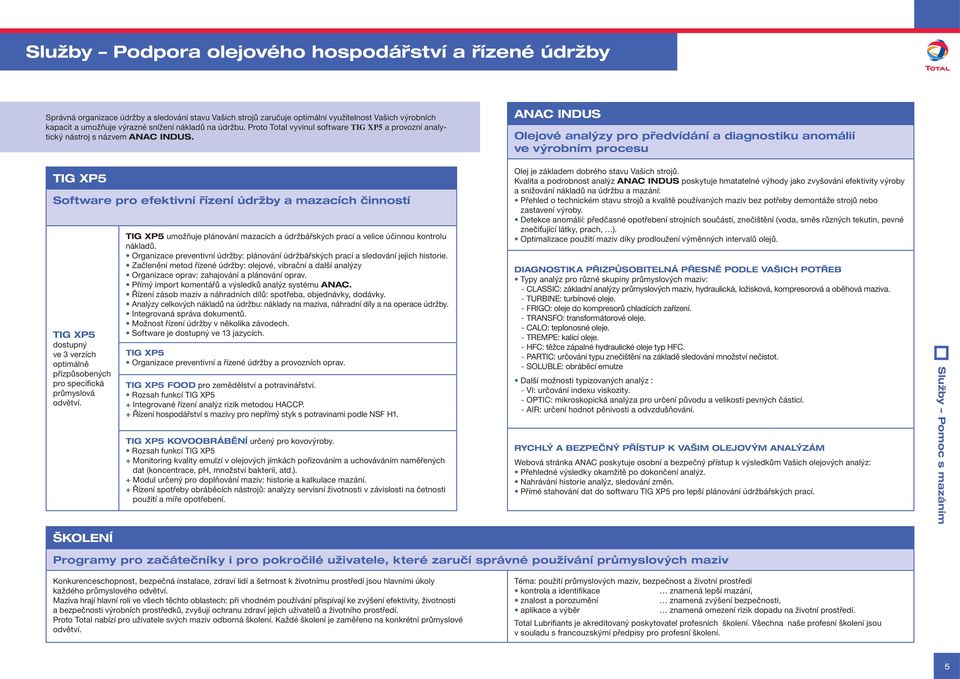 ANAC INDUS Olejové analýzy pro předvídání a diagnostiku anomálií ve výrobním procesu TIG XP5 Software pro efektivní řízení údržby a mazacích činností TIG XP5 dostupný ve 3 verzích optimálně