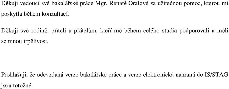 Děkuji své rodině, příteli a přátelům, kteří mě během celého studia podporovali