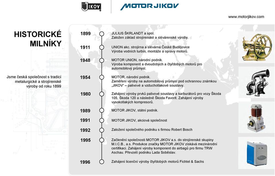 Jsme česká společnost s tradicí metalurgické a strojírenské výroby od roku 1899 1954 MOTOR, národní podnik.