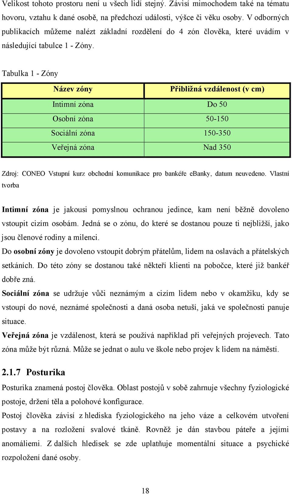 Tabulka 1 - Zóny Název zóny Přibližná vzdálenost (v cm) Intimní zóna Do 50 Osobní zóna 50-150 Sociální zóna 150-350 Veřejná zóna Nad 350 Zdroj: CONEO Vstupní kurz obchodní komunikace pro bankéře