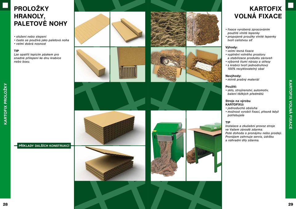 produktu zároveň výborně tlumí nárazy a otřesy s krabicí tvoří jednodruhový 100% recyklovatelný obal mírně prašný materiál sklo, strojírenství, automotiv, balení těžkých předmětů Stroje na výrobu