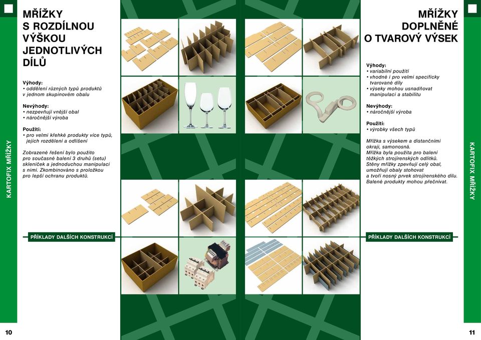 NO NO NO Mřížky doplněné o tvarový výsek variabilní použití vhodné i pro velmi specificky tvarované díly výseky mohou usnadňovat manipulaci a stabilitu NO NO náročnější výroba výrobky všech typů