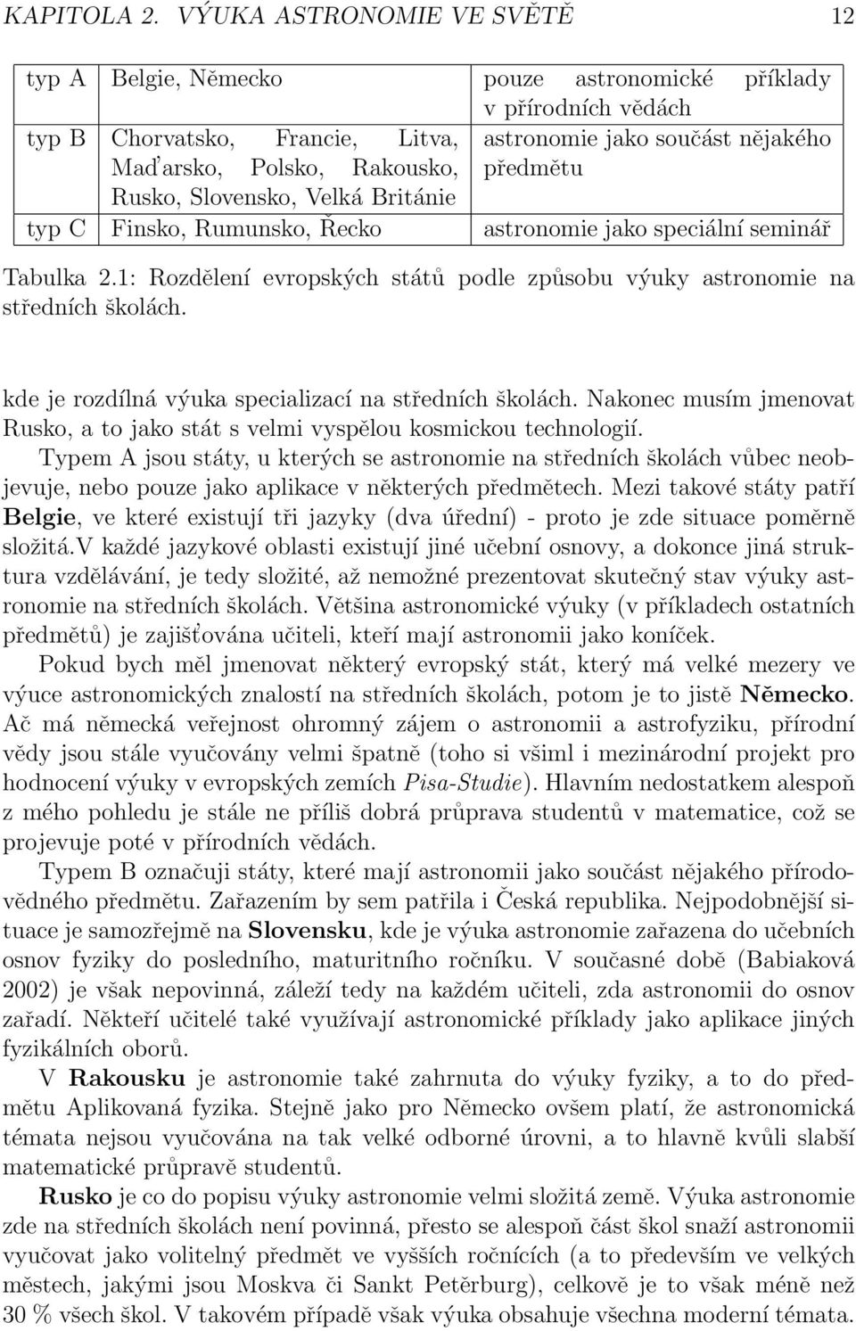 předmětu Rusko, Slovensko, Velká Británie typ C Finsko, Rumunsko, Řecko astronomie jako speciální seminář Tabulka 2.1: Rozdělení evropských států podle způsobu výuky astronomie na středních školách.