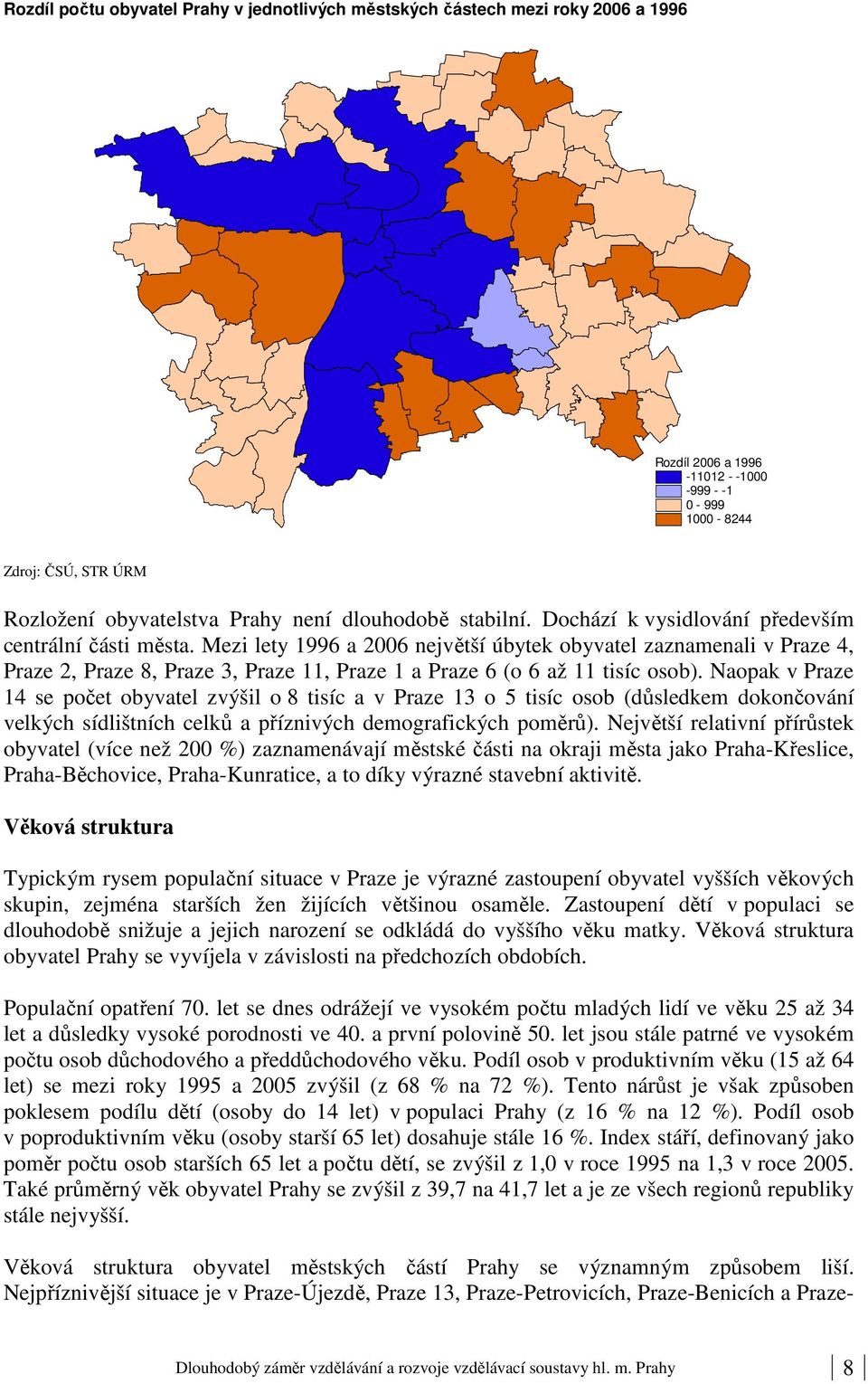 Mezi lety 1996 a 2006 největší úbytek obyvatel zaznamenali v Praze 4, Praze 2, Praze 8, Praze 3, Praze 11, Praze 1 a Praze 6 (o 6 až 11 tisíc osob).