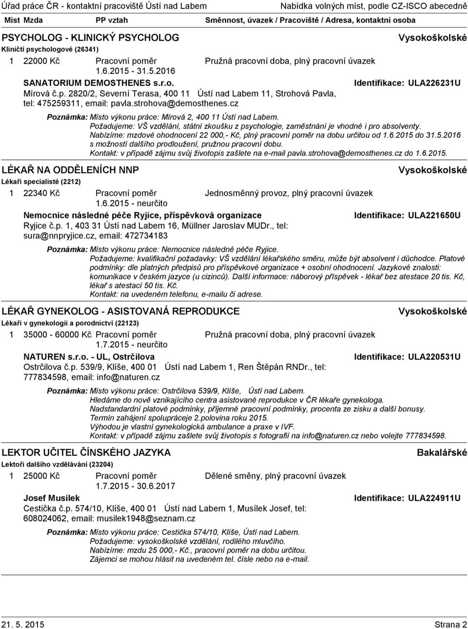 Nabízíme: mzdové ohodnocení 22 000,- Kč, plný pracovní poměr na dobu určitou od.6.205 do 3.5.206 s možností dalšího prodloužení, pružnou pracovní dobu.