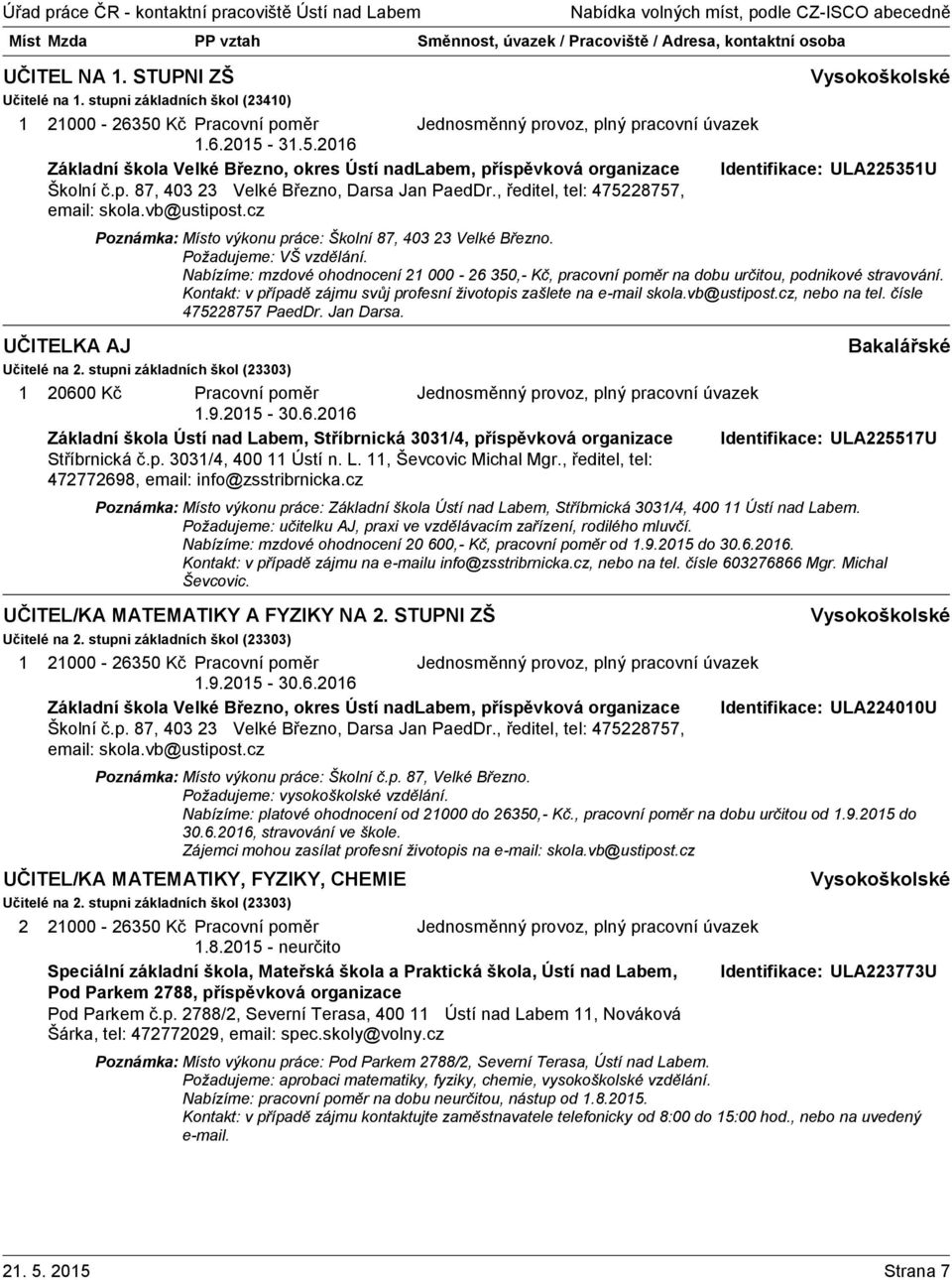 Nabízíme: mzdové ohodnocení 2 000-26 350,- Kč, pracovní poměr na dobu určitou, podnikové stravování. Kontakt: v případě zájmu svůj profesní životopis zašlete na e-mail skola.vb@ustipost.