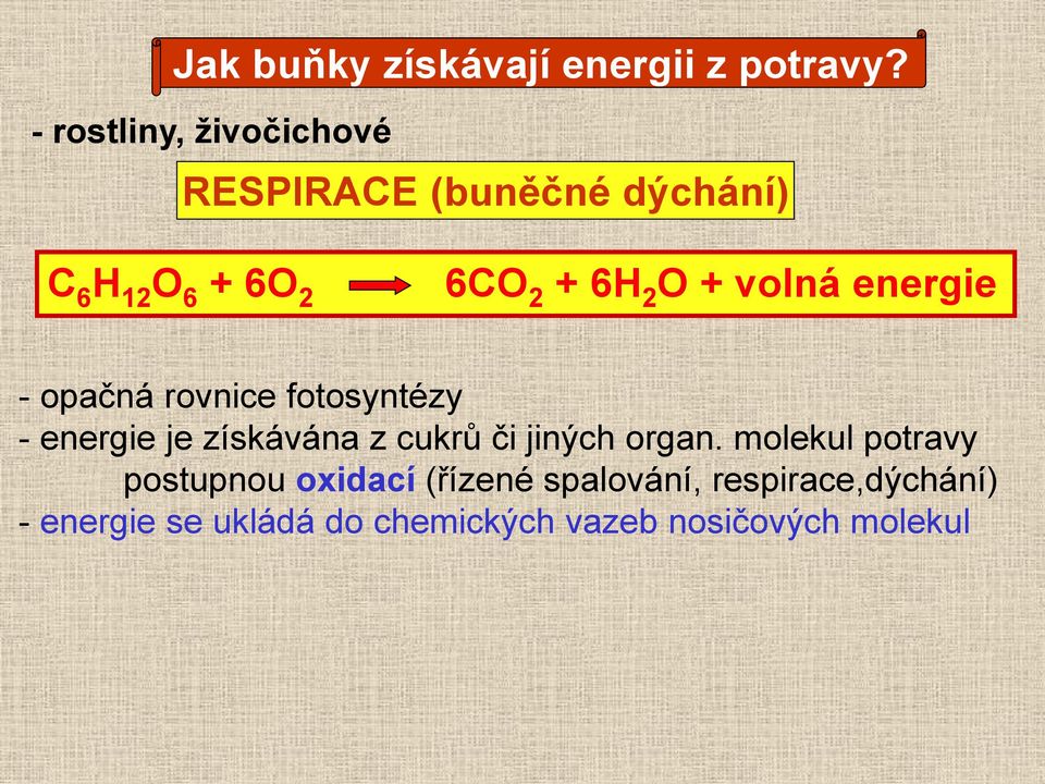 + volná energie - opačná rovnice fotosyntézy - energie je získávána z cukrů či jiných