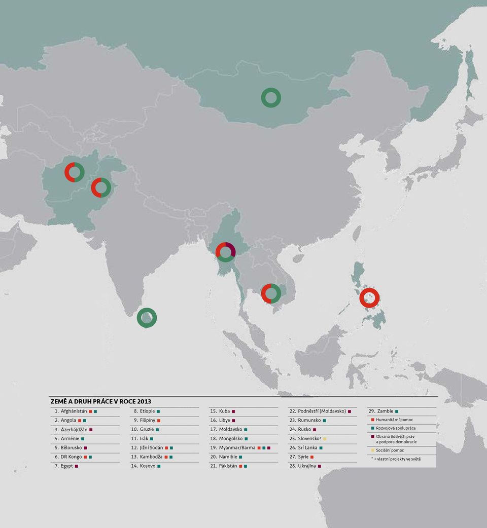 Jižní Súdán 13. Kambodža 14. Kosovo 17. Moldavsko 18. Mongolsko 19. Myanmar/Barma 20. Namibie 21. Pákistán 24. Rusko 25.
