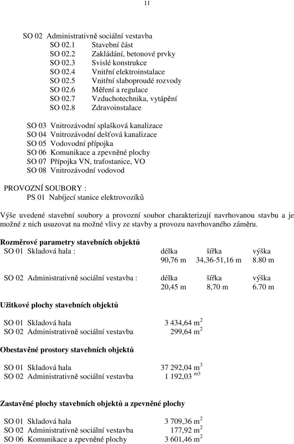 8 Zdravoinstalace SO 03 Vnitrozávodní splašková kanalizace SO 04 Vnitrozávodní dešťová kanalizace SO 05 Vodovodní přípojka SO 06 Komunikace a zpevněné plochy SO 07 Přípojka VN, trafostanice, VO SO 08