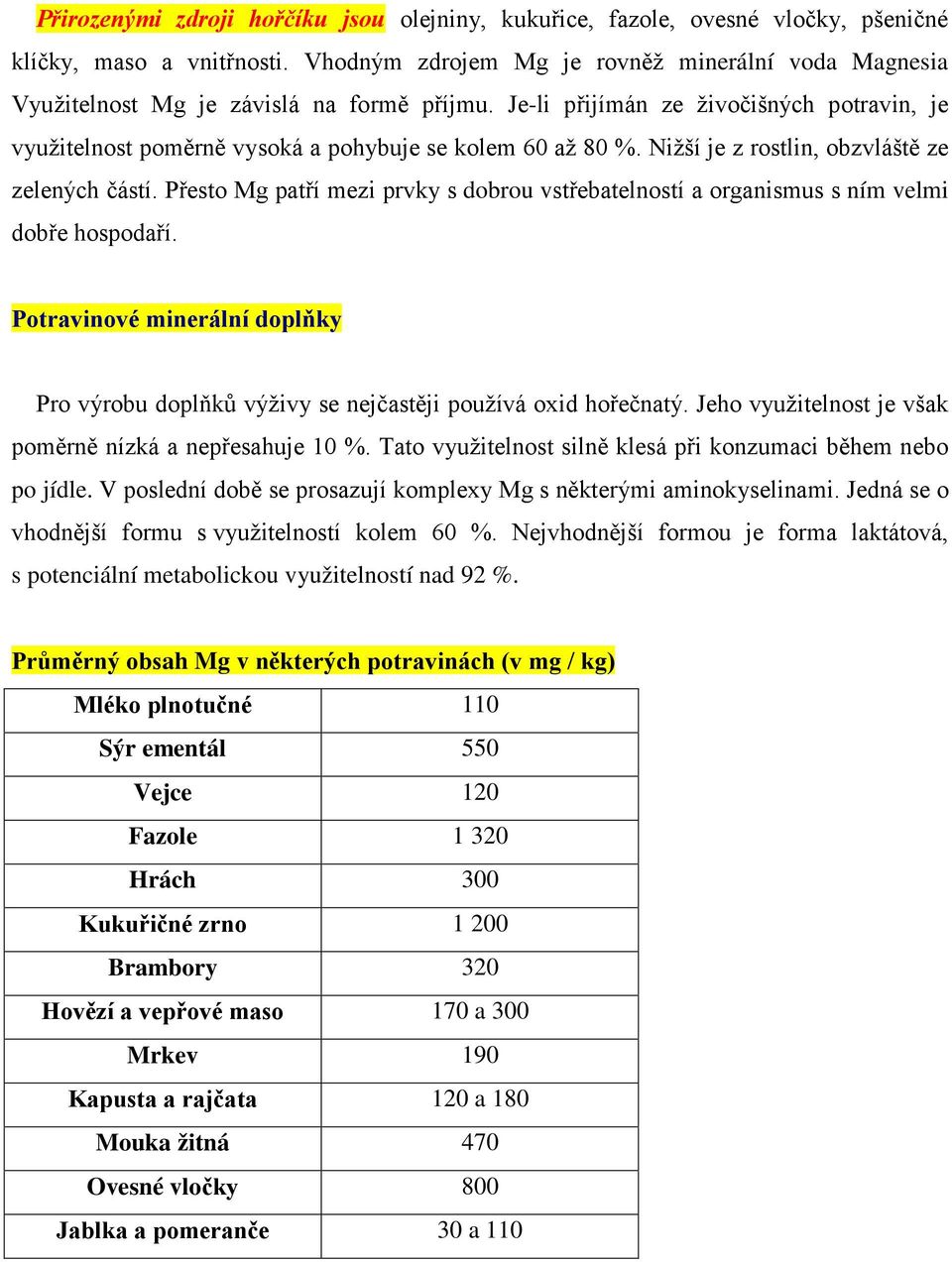 Nižší je z rostlin, obzvláště ze zelených částí. Přesto Mg patří mezi prvky s dobrou vstřebatelností a organismus s ním velmi dobře hospodaří.