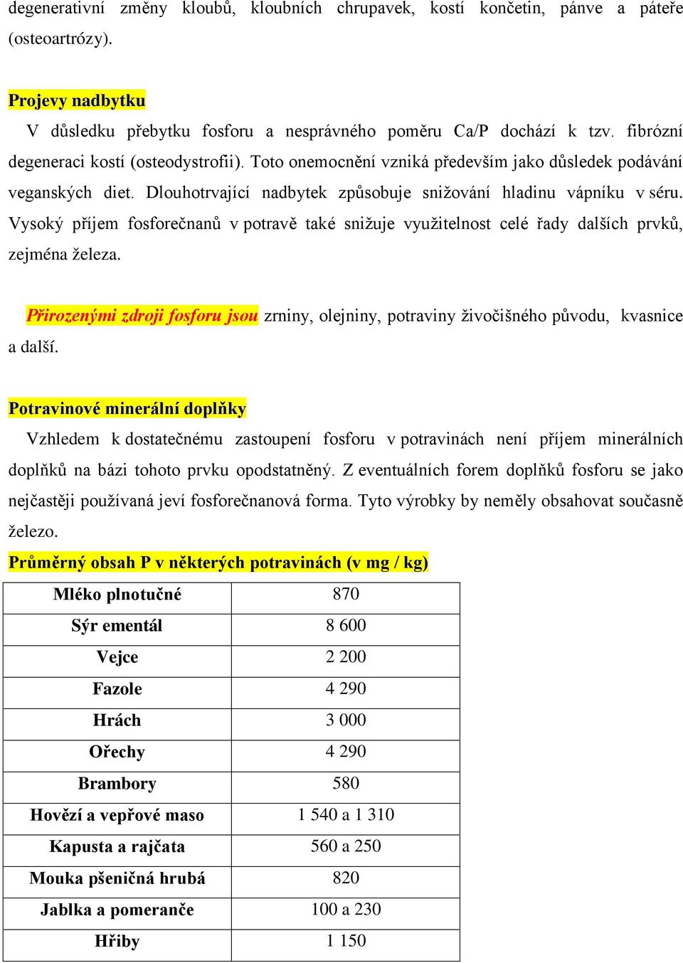 Vysoký příjem fosforečnanů v potravě také snižuje využitelnost celé řady dalších prvků, zejména železa.