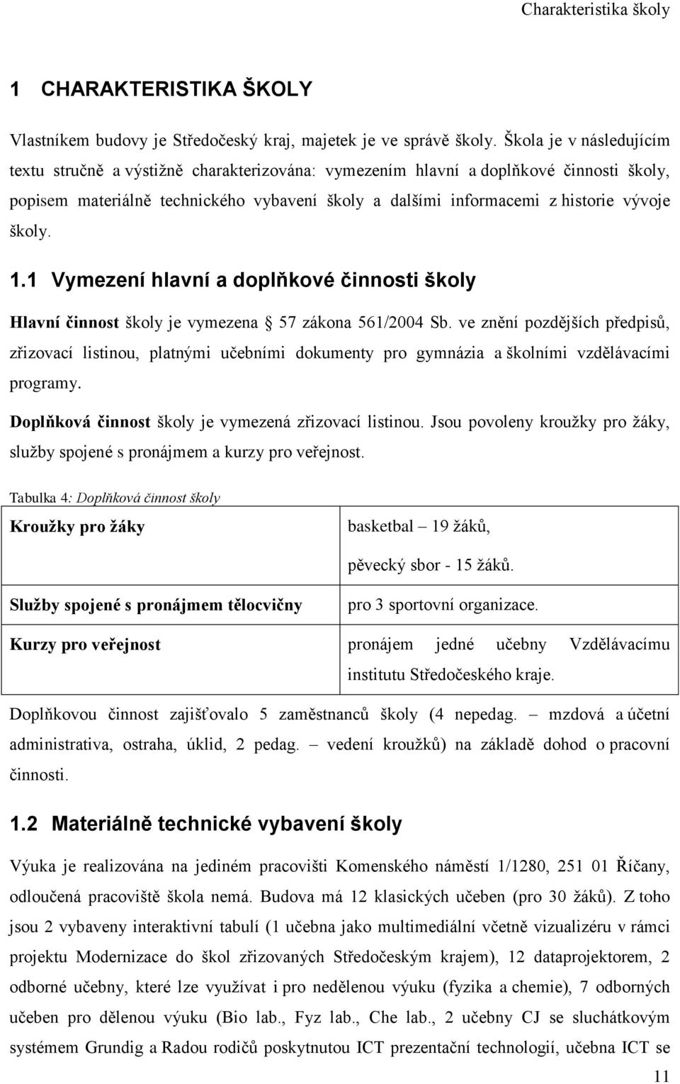 školy. 1.1 Vymezení hlavní a doplňkové činnosti školy Hlavní činnost školy je vymezena 57 zákona 561/2004 Sb.