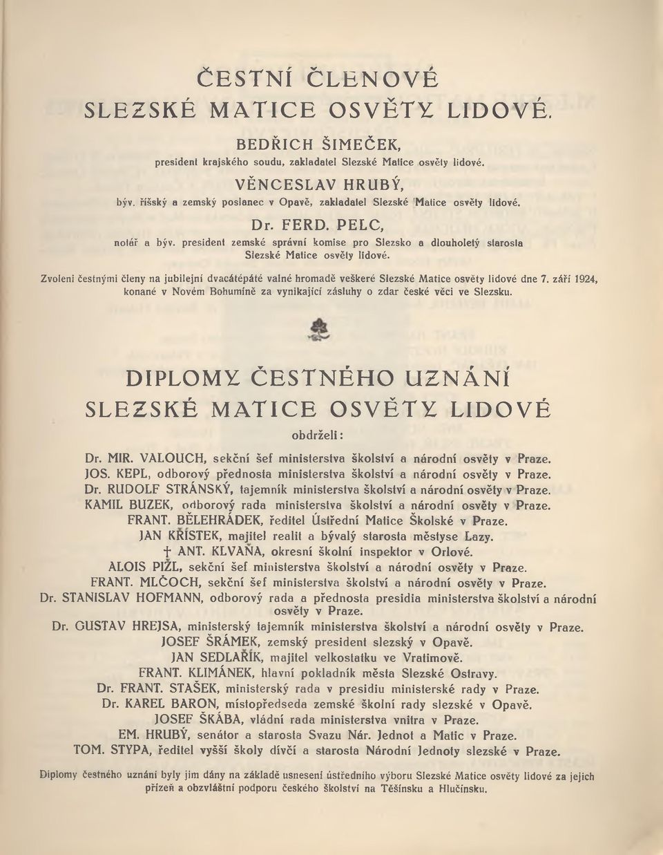 Zvoleni čestnými členy na jubilejní dvacátépáté valné hromadě veškeré Slezské Matice osvěty lidové dne 7. září 1924, konané v Novém Bohumíně za vynikající zásluhy o zdar české věci ve Slezsku.