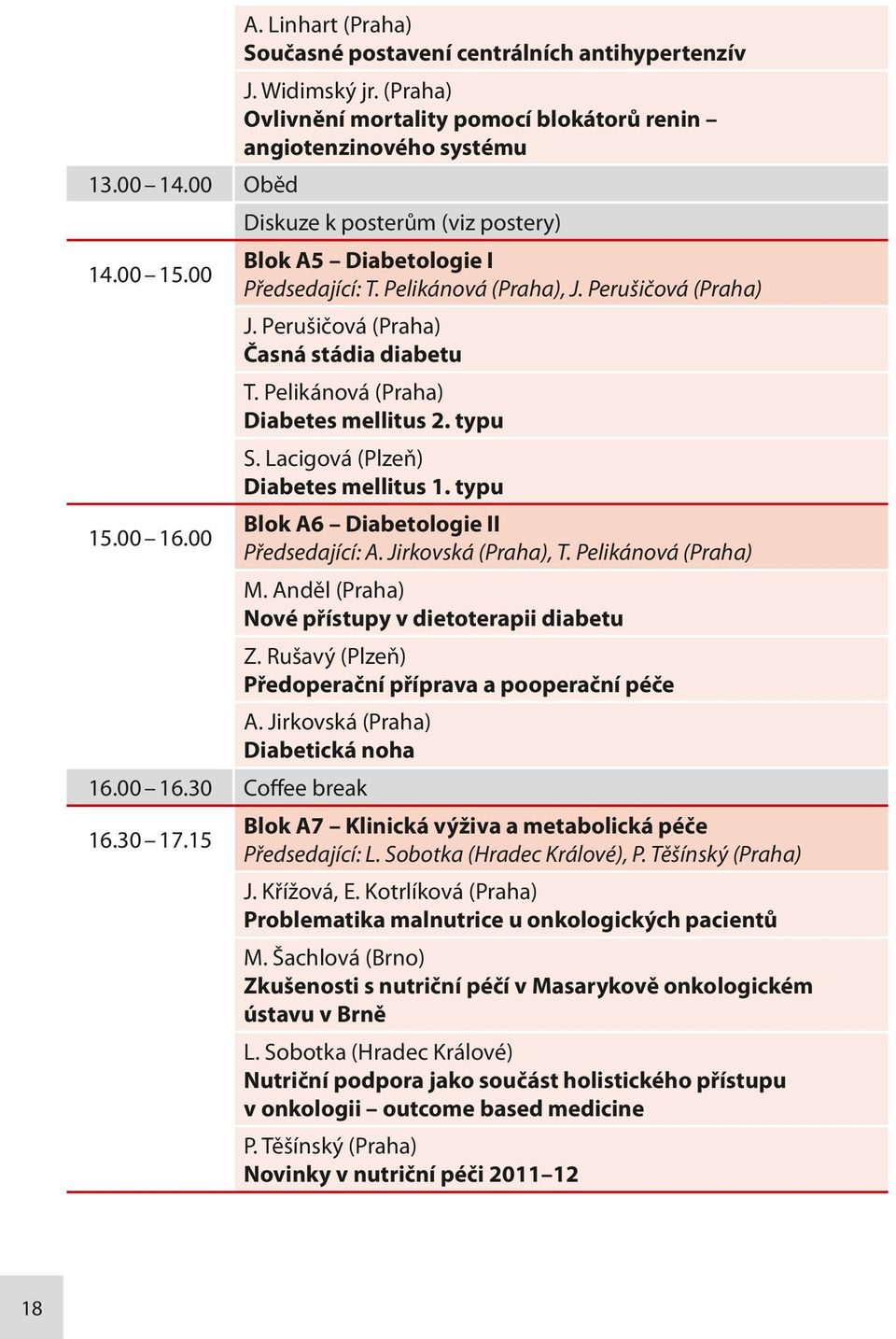 Pelikánová (Praha) Diabetes mellitus 2. typu S. Lacigová (Plzeň) Diabetes mellitus 1. typu Blok A6 Diabetologie II 15.00 16.00 Předsedající: A. Jirkovská (Praha), T. Pelikánová (Praha) M.