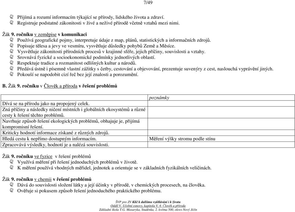 Popisuje tělesa a jevy ve vesmíru, vysvětluje důsledky pohybů Země a Měsíce. Vysvětluje zákonitosti přírodních procesů v krajinné sféře, jejich příčiny, souvislosti a vztahy.