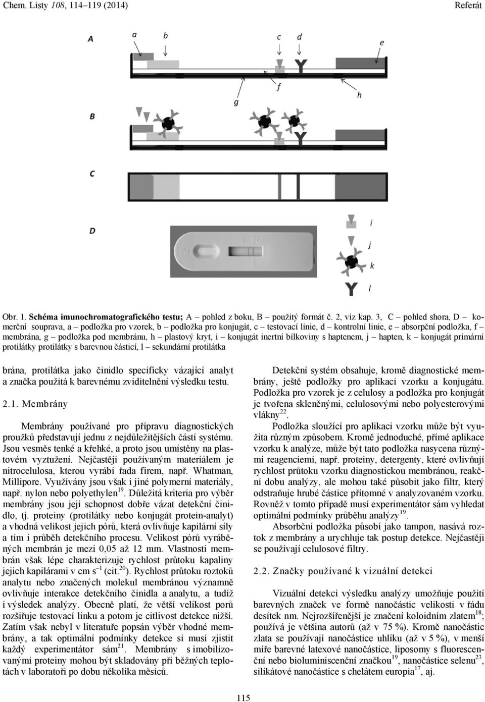 kryt, i konjugát inertní bílkoviny s haptenem, j hapten, k konjugát primární protilátky protilátky s barevnou částicí, l sekundární protilátka brána, protilátka jako činidlo specificky vázající