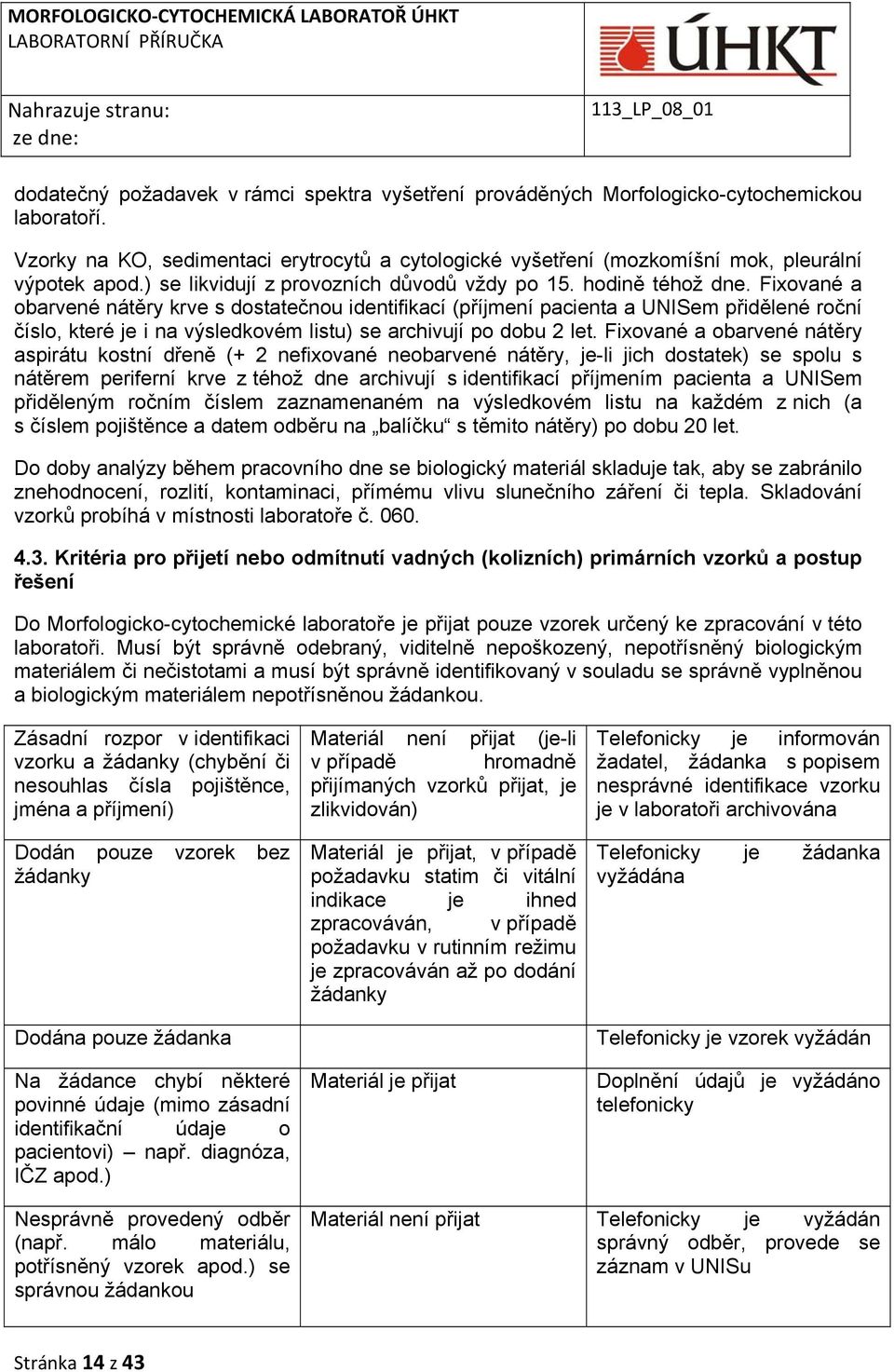 Fixované a obarvené nátěry krve s dostatečnou identifikací (příjmení pacienta a UNISem přidělené roční číslo, které je i na výsledkovém listu) se archivují po dobu 2 let.