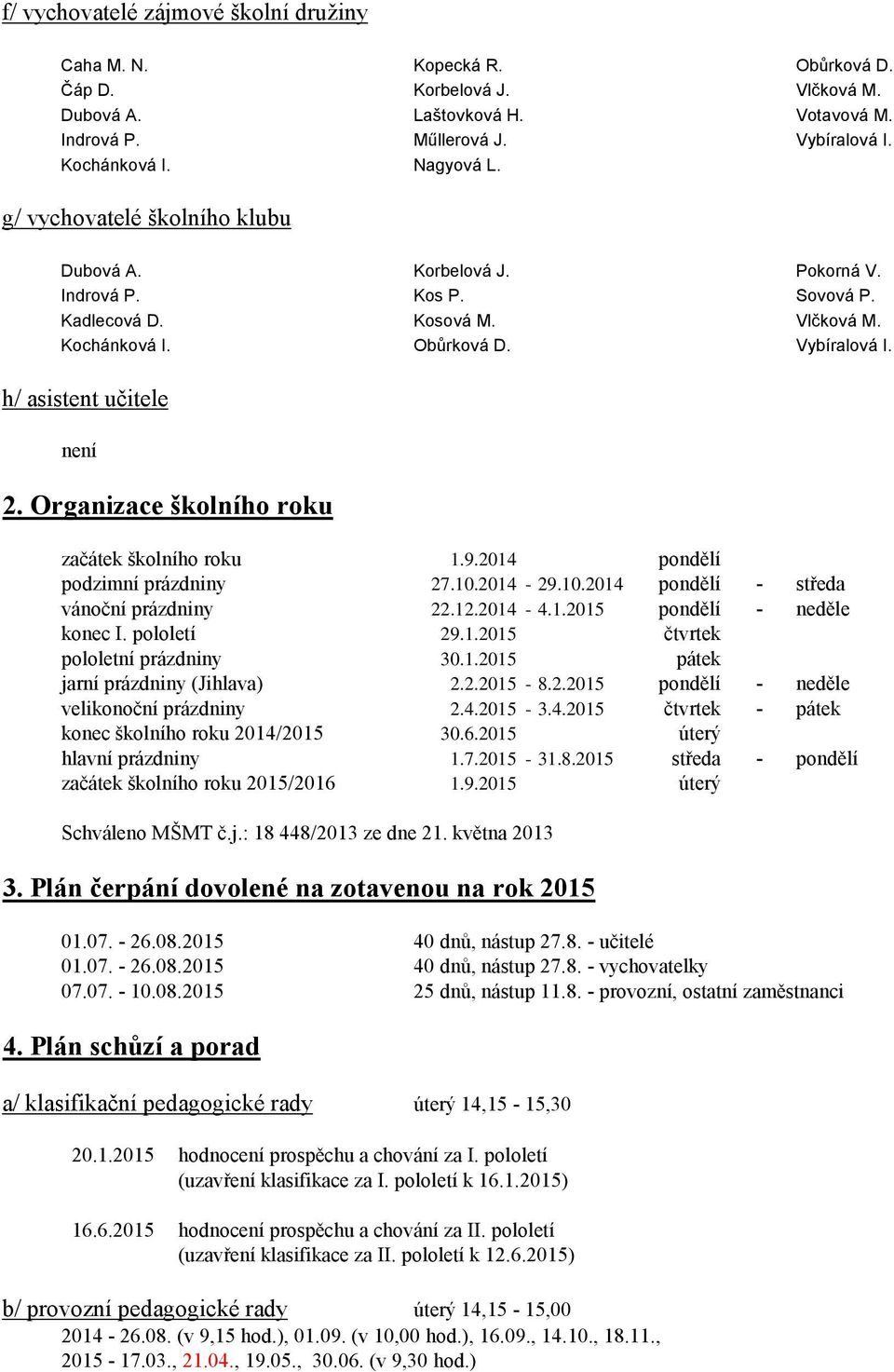 h/ asistent učitele není 2. Organizace školního roku začátek školního roku 1.9.2014 pondělí podzimní prázdniny 27.10.2014-29.10.2014 pondělí - středa vánoční prázdniny 22.12.2014-4.1.2015 pondělí - neděle konec I.