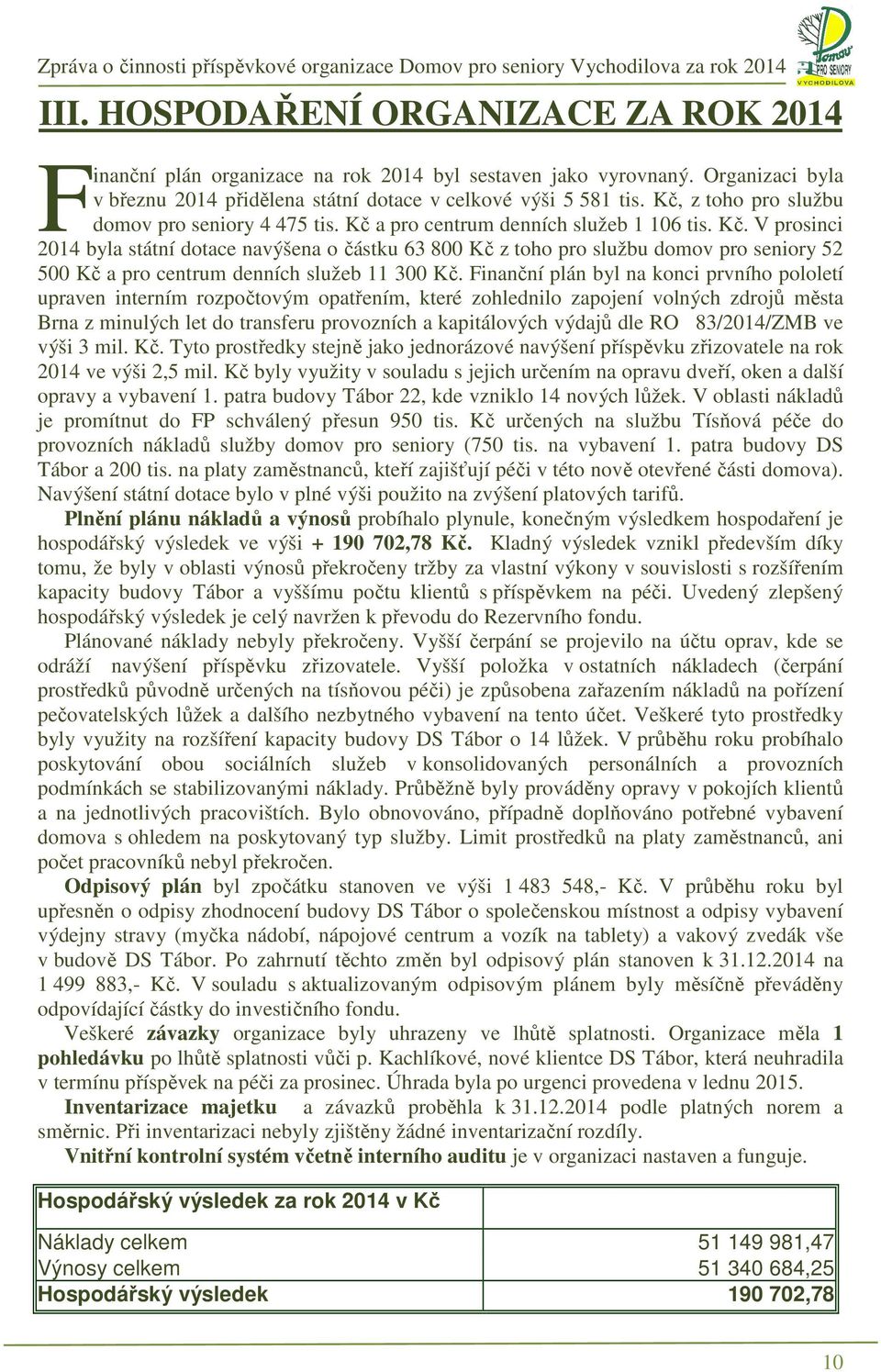 a pro centrum denních služeb 1 106 tis. Kč. V prosinci 2014 byla státní dotace navýšena o částku 63 800 Kč z toho pro službu domov pro seniory 52 500 Kč a pro centrum denních služeb 11 300 Kč.