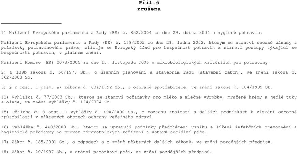 Nařízení Komise (ES) 2073/2005 ze dne 15. listopadu 2005 o mikrobiologických kritériích pro potraviny. 2) 139b zákona č. 50/1976 Sb.