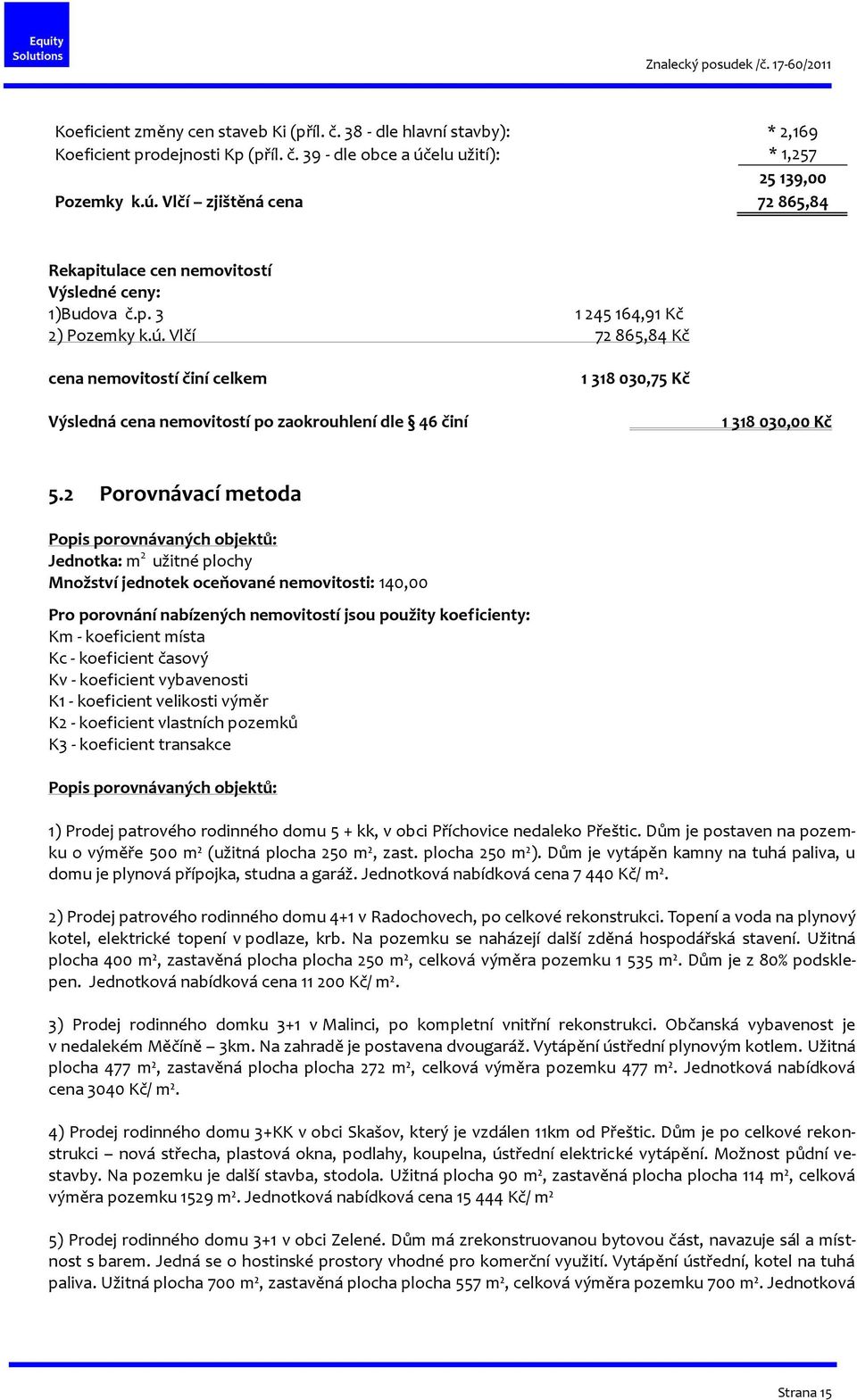 2 Porovnávací metoda Popis porovnávaných objektů: Jednotka: m 2 užitné plochy Množství jednotek oceňované nemovitosti: 140,00 Pro porovnání nabízených nemovitostí jsou použity koeficienty: Km -