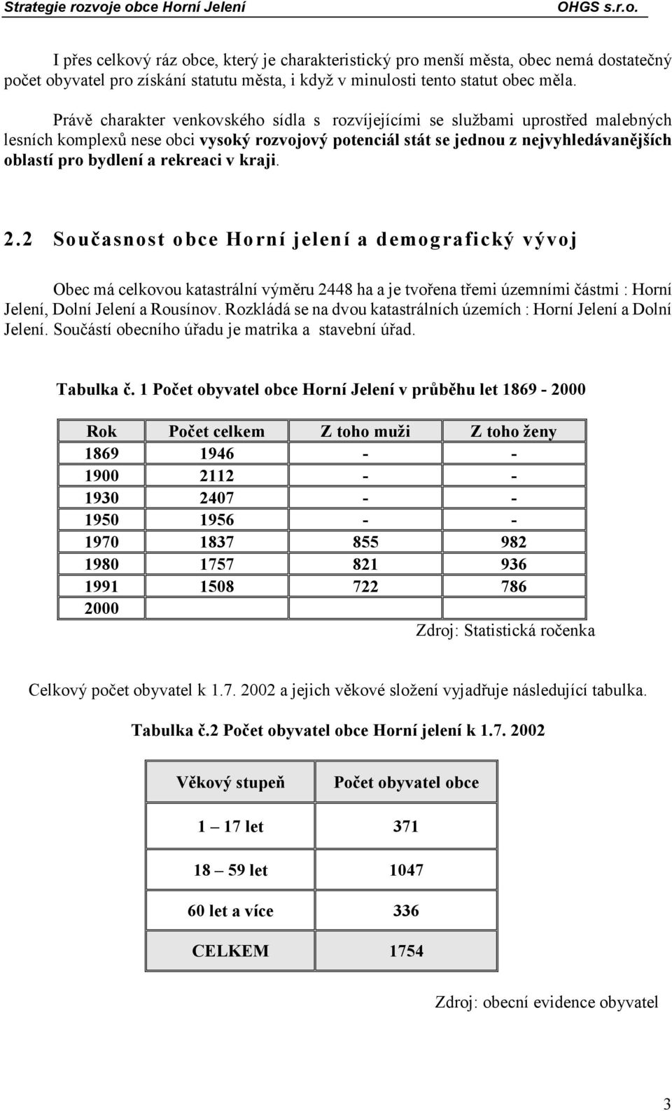 rekreaci v kraji. 2.2 Současnost obce Horní jelení a demografický vývoj Obec má celkovou katastrální výměru 2448 ha a je tvořena třemi územními částmi : Horní Jelení, Dolní Jelení a Rousínov.