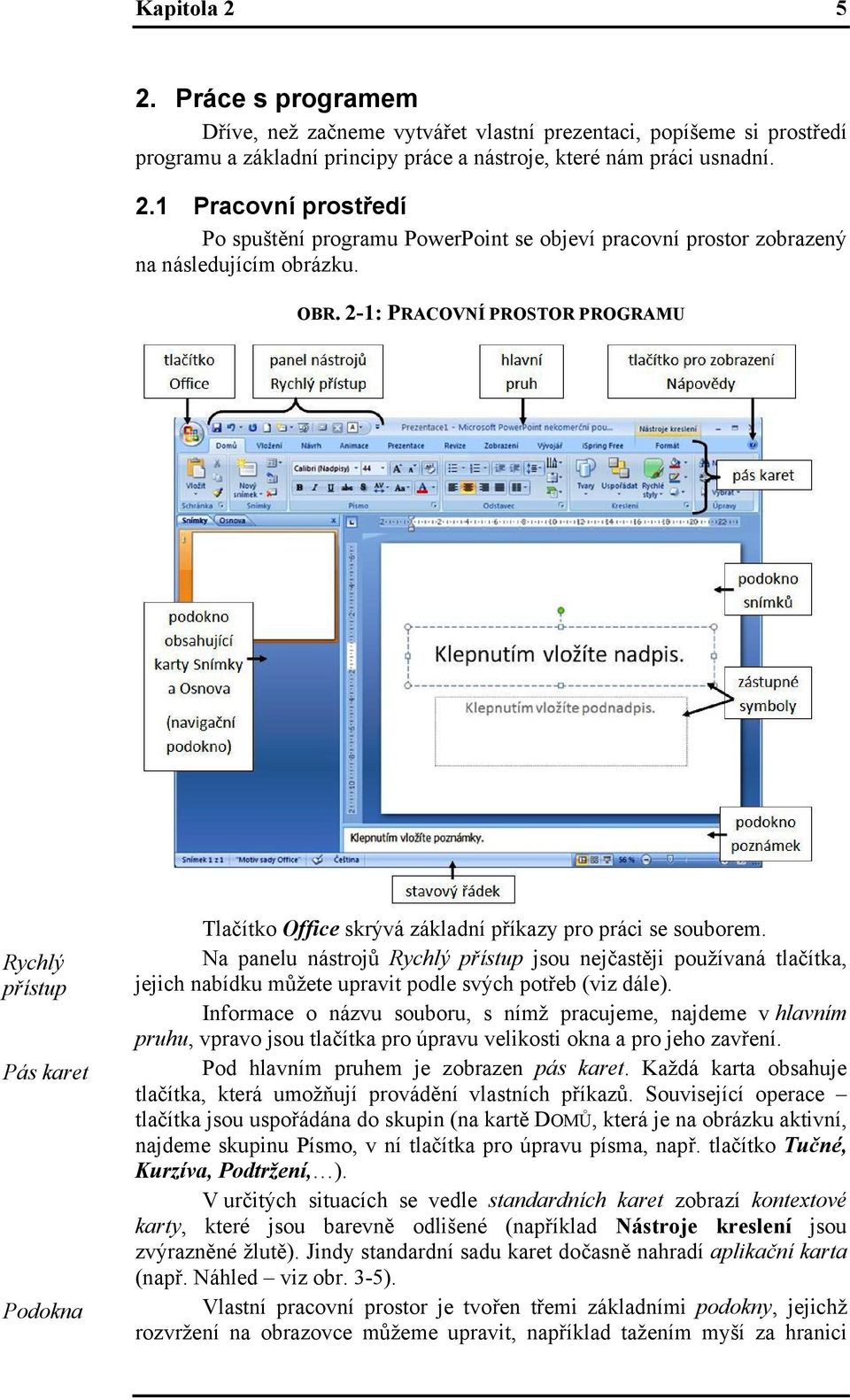 Na panelu nástrojů Rychlý přístup jsou nejčastěji používaná tlačítka, jejich nabídku můžete upravit podle svých potřeb (viz dále).