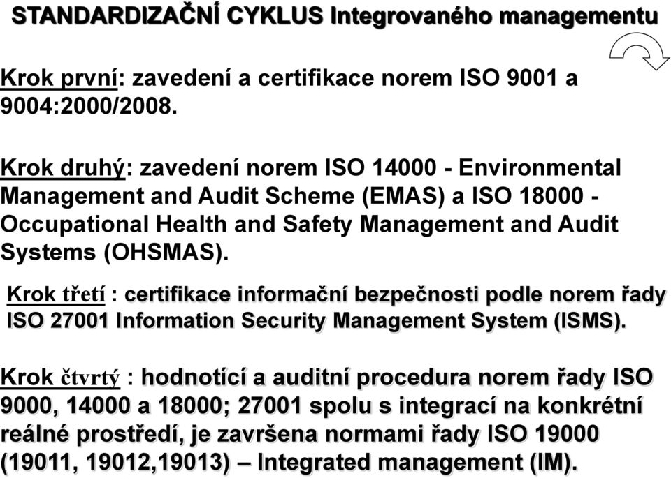 Systems (OHSMAS). Krok třetí : certifikace informační bezpečnosti podle norem řady ISO 27001 Information Security Management System (ISMS).