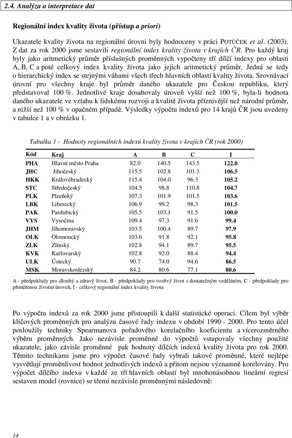 Pro každý kraj byly jako aritmetický průměr příslušných proměnných vypočteny tří dílčí indexy pro oblasti A, B, C a poté celkový index kvality života jako jejich aritmetický průměr.