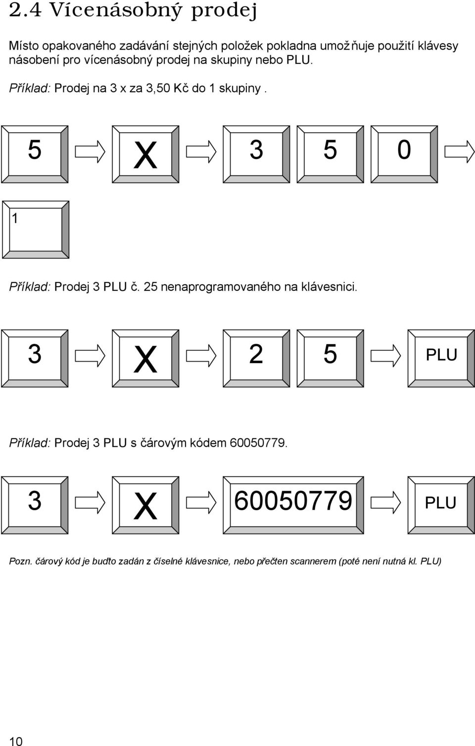 5 X 3 5 0 1 Příklad: Prodej 3 PLU č. 25 nenaprogramovaného na klávesnici.