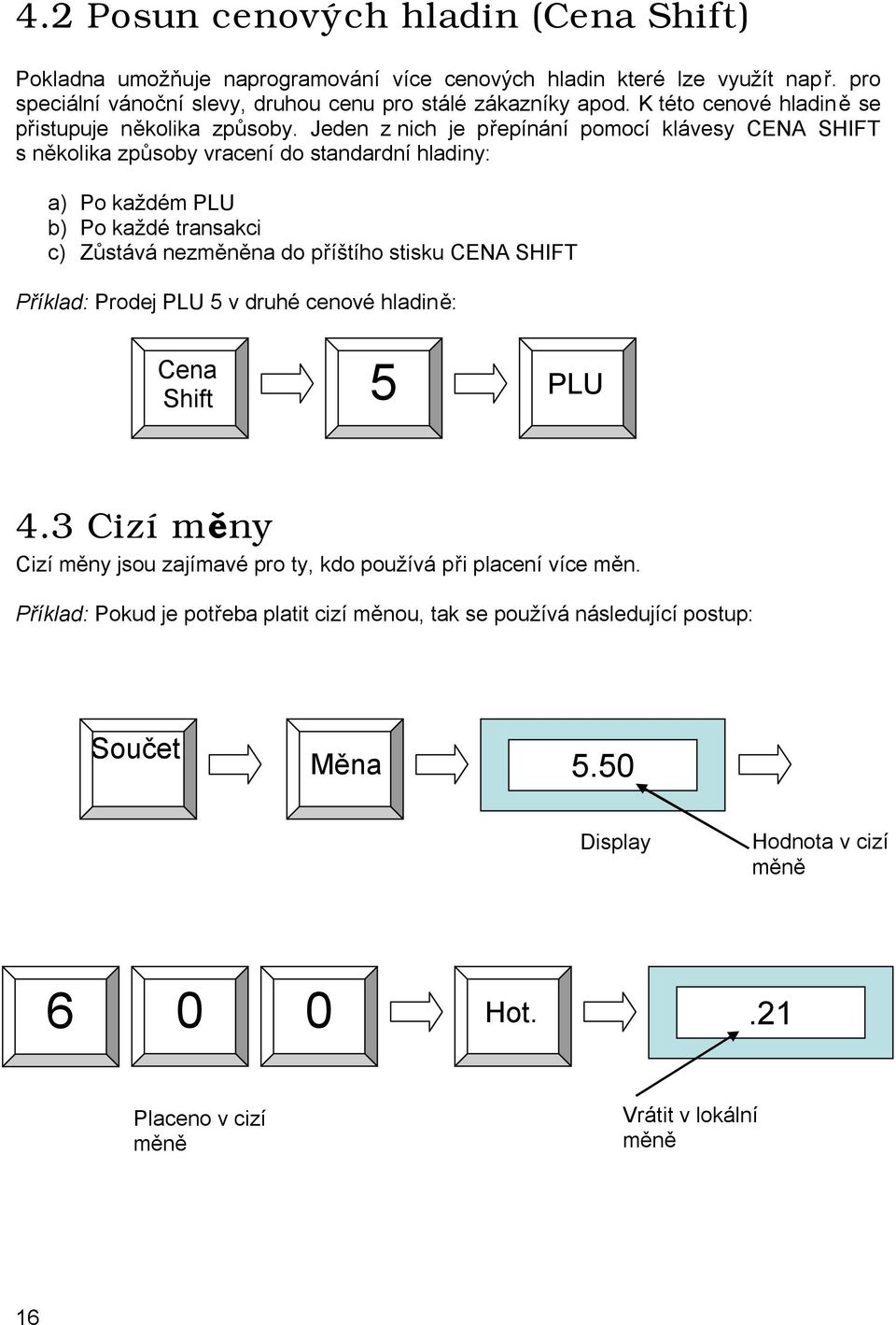 Jeden z nich je přepínání pomocí klávesy CENA SHIFT s několika způsoby vracení do standardní hladiny: a) Po každém PLU b) Po každé transakci c) Zůstává nezměněna do příštího stisku CENA