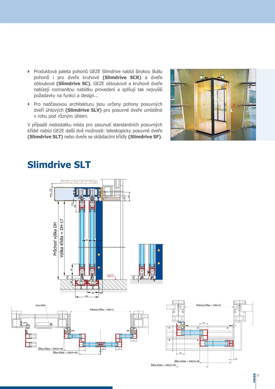 .. Pro nadčasovou architekturu jsou určeny pohony posuvných dveří úhlových (Slimdrive SLV) pro posuvné dveře umístěné v rohu pod různým úhlem.