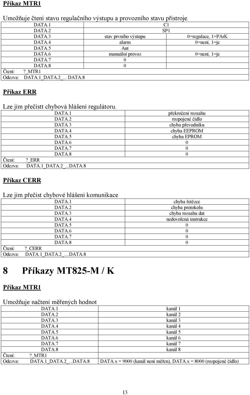 _ERR...DATA.8 Lze jím přečíst chybové hlášení komunikace chyba řetězce chyba protokolu chyba rozsahu dat nedovolená instrukce 0?_CERR...DATA.8 8 Příkazy MT825-M / K Příkaz MTR1 Umožňuje načtení měřených hodnot kanál 1 kanál 2 kanál 3 kanál 4 kanál 5 DATA.