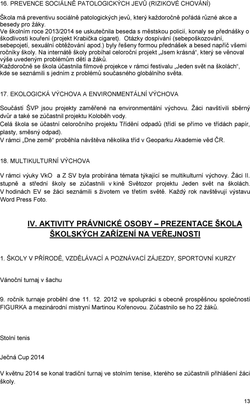 Otázky dospívání (sebepoškozování, sebepojetí, sexuální obtěžování apod.) byly řešeny formou přednášek a besed napříč všemi ročníky školy.