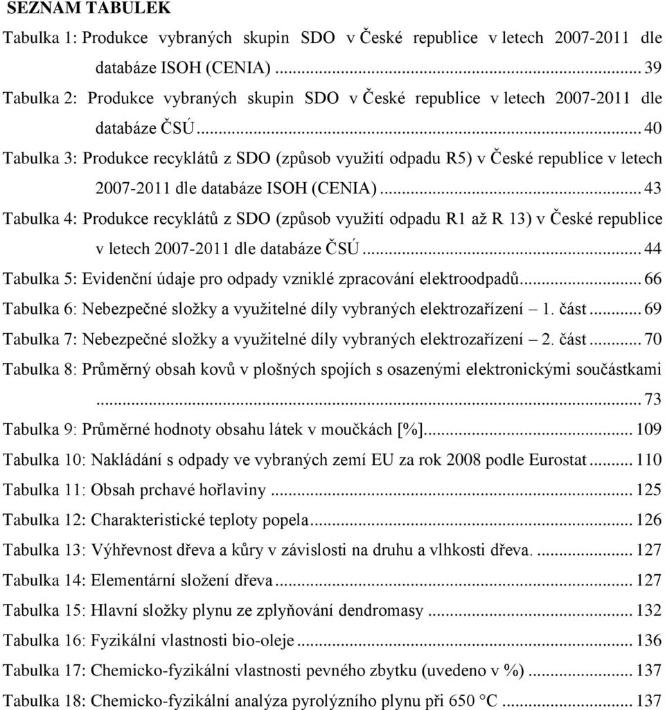 .. 40 Tabulka 3: Produkce recyklátů z SDO (způsob využití odpadu R5) v České republice v letech 2007-2011 dle databáze ISOH (CENIA).