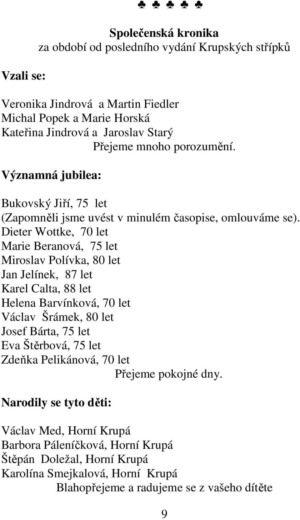 Dieter Wottke, 70 let Marie Beranová, 75 let Miroslav Polívka, 80 let Jan Jelínek, 87 let Karel Calta, 88 let Helena Barvínková, 70 let Václav Šrámek, 80 let Josef Bárta, 75 let Eva