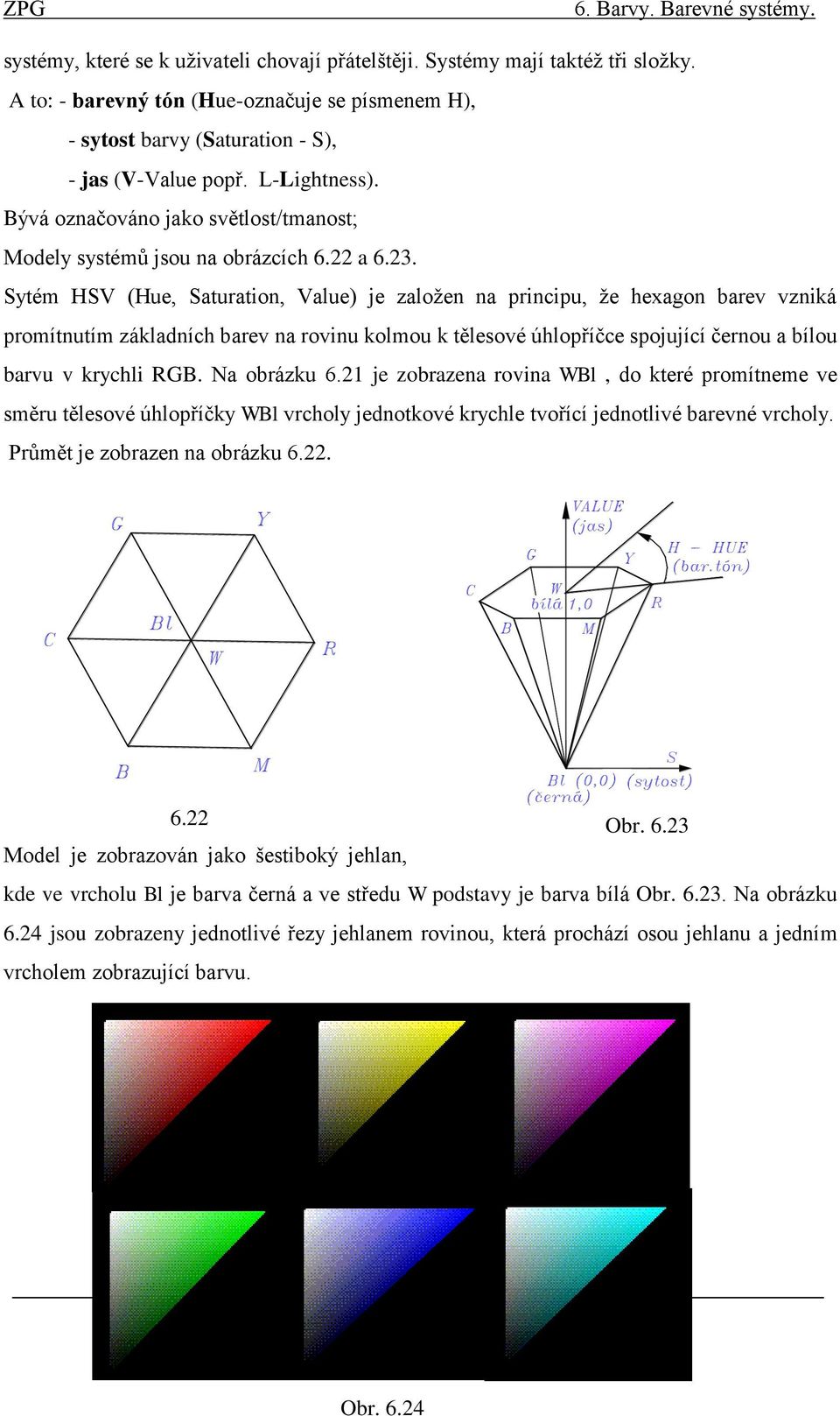 Sytém HSV (Hue, Saturation, Value) je založen na principu, že hexagon barev vzniká promítnutím základních barev na rovinu kolmou k tělesové úhlopříčce spojující černou a bílou barvu v krychli RGB.