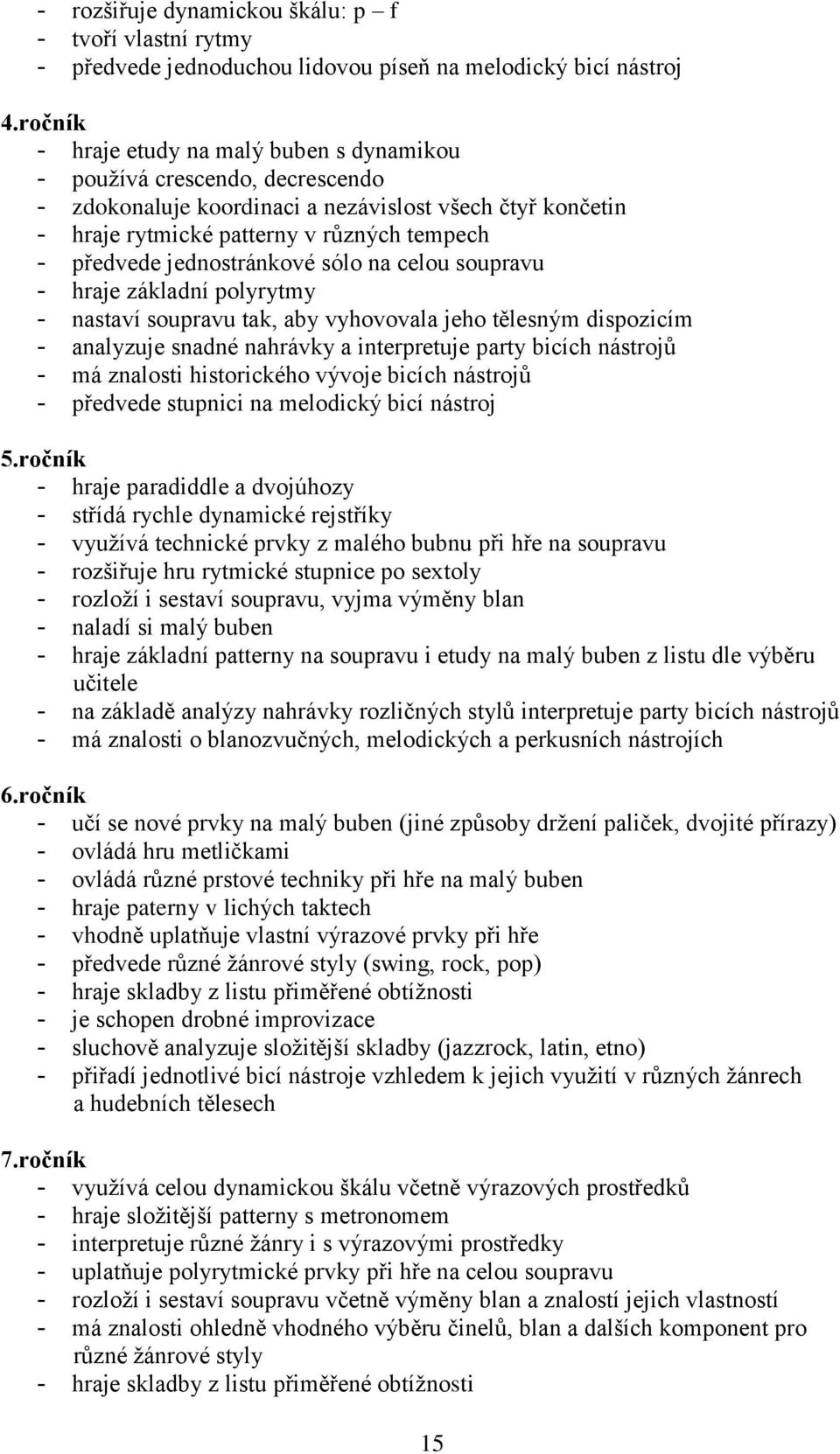 jednostránkové sólo na celou soupravu - hraje základní polyrytmy - nastaví soupravu tak, aby vyhovovala jeho tělesným dispozicím - analyzuje snadné nahrávky a interpretuje party bicích nástrojů - má