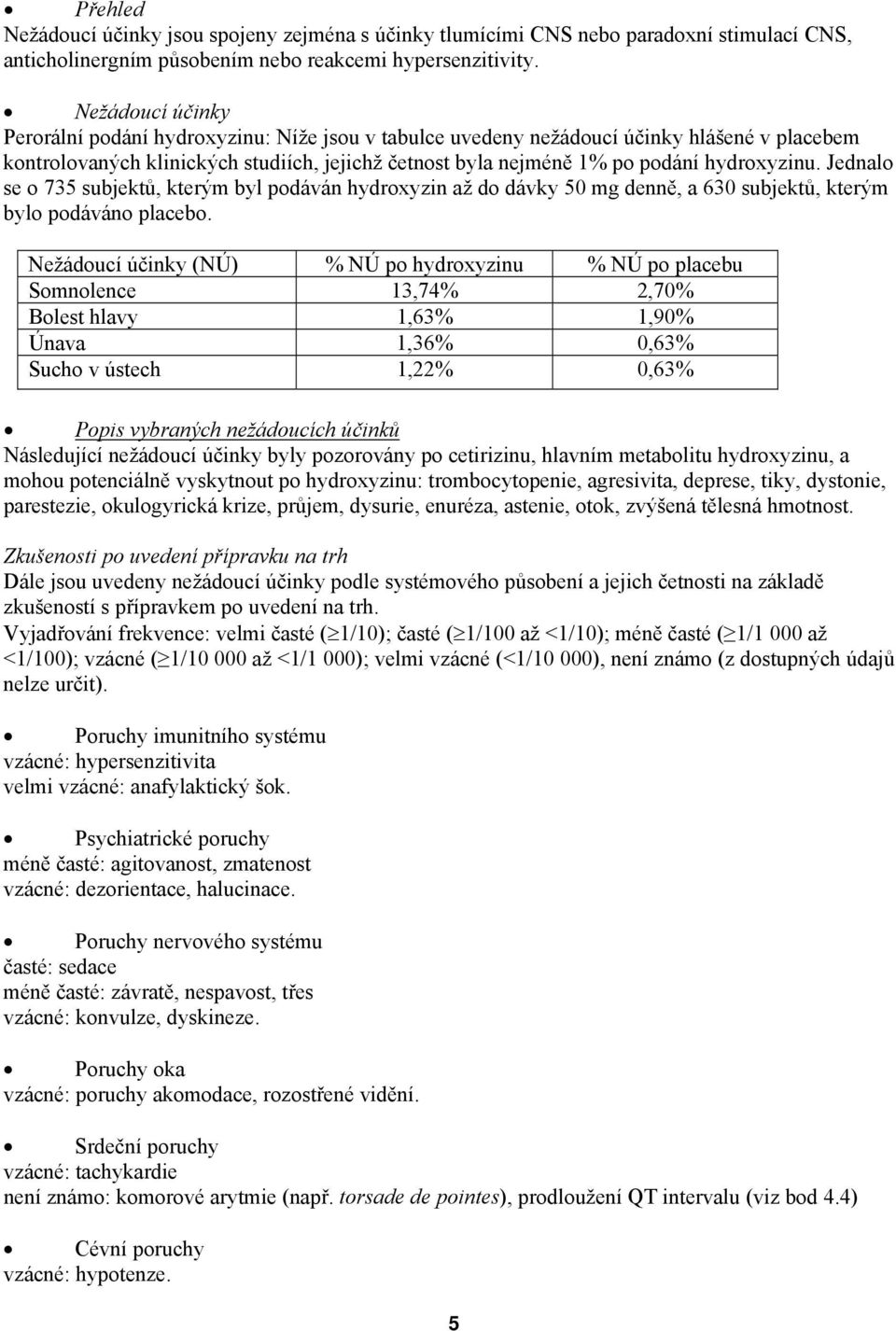 hydroxyzinu. Jednalo se o 735 subjektů, kterým byl podáván hydroxyzin až do dávky 50 mg denně, a 630 subjektů, kterým bylo podáváno placebo.