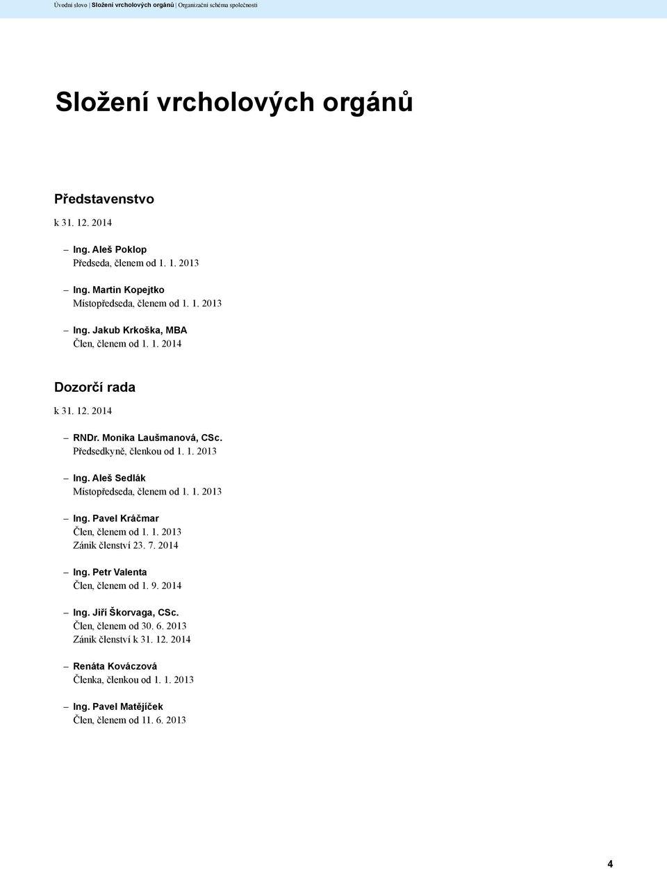 Předsedkyně, členkou od 1. 1. 2013 Ing. Aleš Sedlák Místopředseda, členem od 1. 1. 2013 Ing. Pavel Kráčmar Člen, členem od 1. 1. 2013 Zánik členství 23. 7. 2014 Ing.