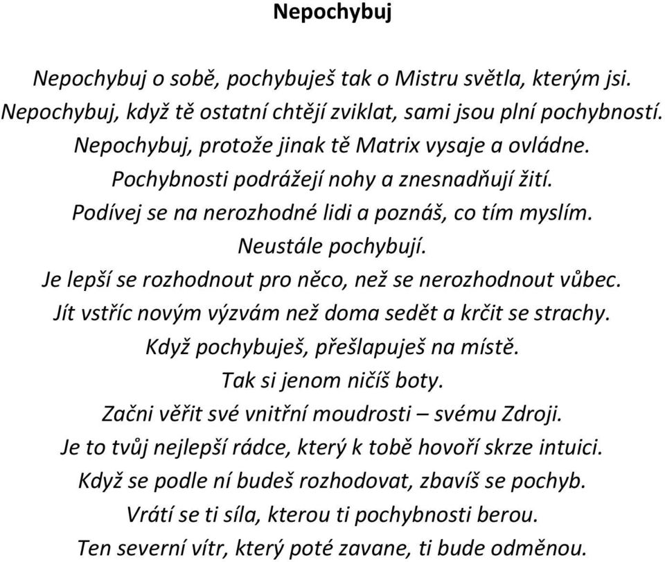 Je lepší se rozhodnout pro něco, než se nerozhodnout vůbec. Jít vstříc novým výzvám než doma sedět a krčit se strachy. Když pochybuješ, přešlapuješ na místě. Tak si jenom ničíš boty.